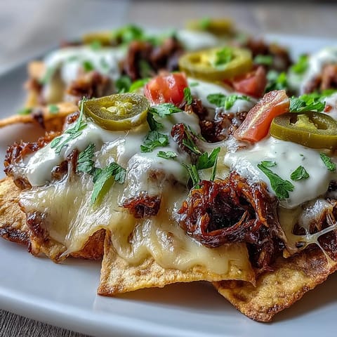 Sizzling smoky barbecue beef layered over crisp tortilla chips, finished with diced tomatoes and pickled jalapeños.