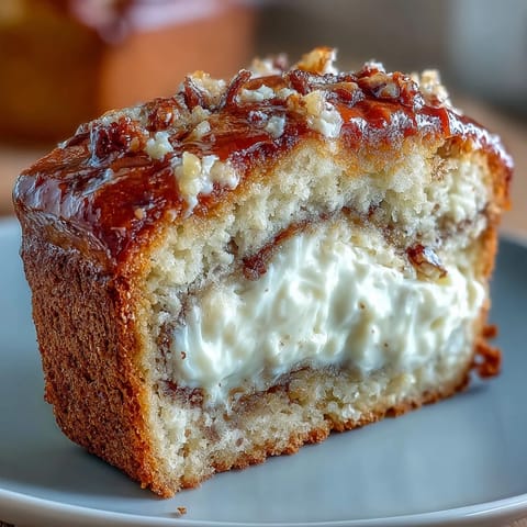 Freshly baked Cream Cheese Cinnamon Swirl Banana Bread sliced on a wooden board, displaying the moist crumb and creamy white filling.