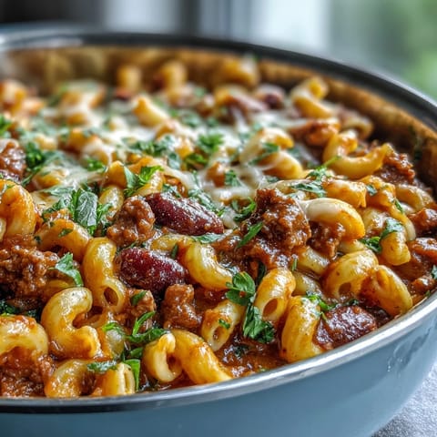 Steaming bowl of creamy One-Pan High Protein Chili Mac topped with green onions and sour cream.