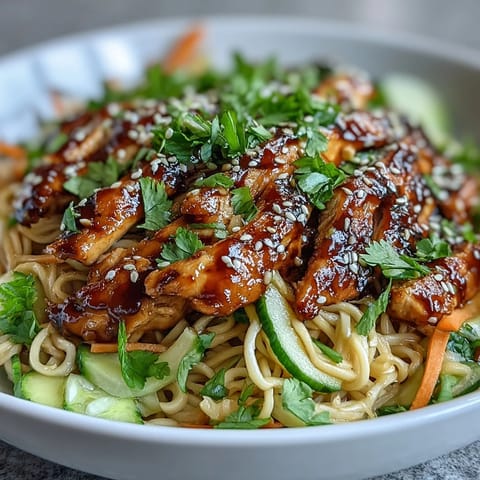 Steaming Asian Chicken Noodle Bowl with colorful vegetables, herbs, and sesame seeds garnish.