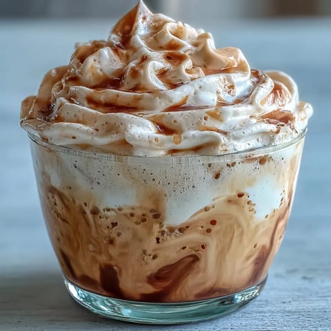 Pouring steamed milk over the roasted hojicha tea to make a creamy Hojicha Macchiato.