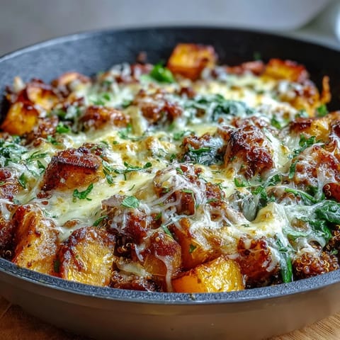 A close-up of Cozy Butternut Squash & Sausage Casserole featuring savory Italian sausage and hearty quinoa on a rustic table.