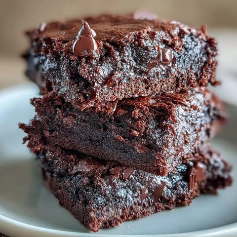 Freshly baked Greek Yogurt Brownies stacked on a white plate, with a dollop of whipped cream and fresh raspberries, perfect for a healthy dessert snack.