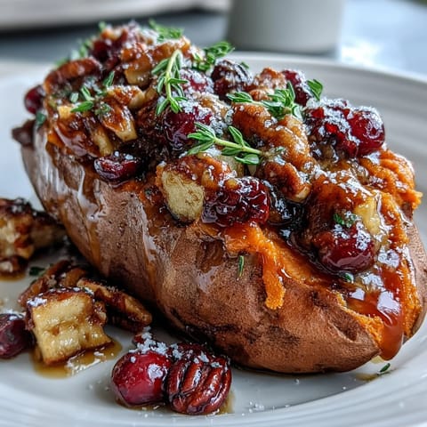 Golden roasted sweet potatoes filled with caramelized apples and tart cranberry mixture.