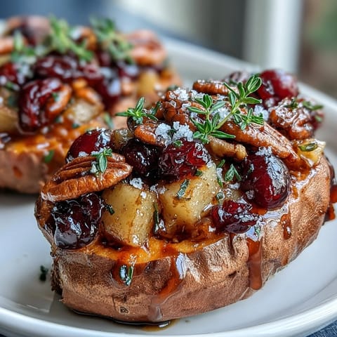 Cranberry Apple Twice Baked Sweet Potatoes served warm with fresh thyme and pecans.