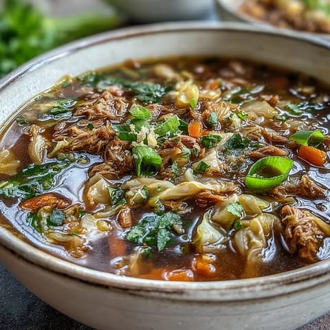 Hearty Cozy One-Pot Egg Roll Soup with shredded cabbage and carrots in a savory broth, garnished with fresh herbs and sesame seeds.