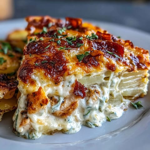 Golden, bubbly cheddar tops the Creamy Ranch Chicken Potato Bake, with visible layers of tender potatoes and juicy chicken in a rich white sauce.