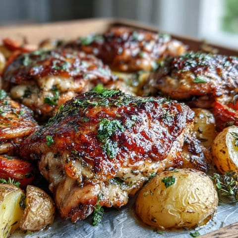 Golden, crispy chicken thighs and tender roasted vegetables seasoned with homemade ranch on a sheet pan.