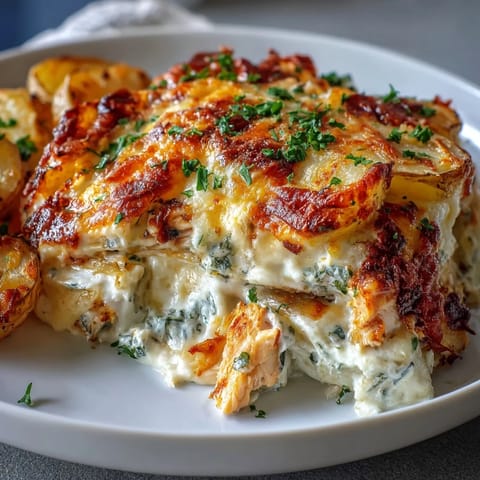Golden, bubbly cheddar and mozzarella melts over a creamy ranch chicken and potato bake in a white casserole dish, garnished with fresh chives.