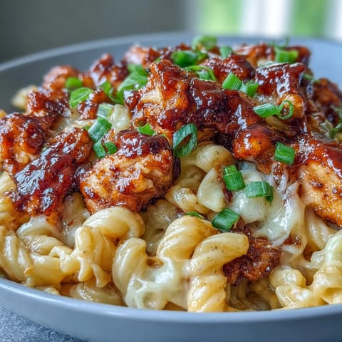 Steam rises from cheesy pasta twirling with sticky honey BBQ chicken, ready to be scooped into a bowl for dinner.