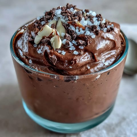 Four chilled Vegan Chocolate Avocado Mousse Cups garnished with almond crunch and salt, ready to serve for dessert.