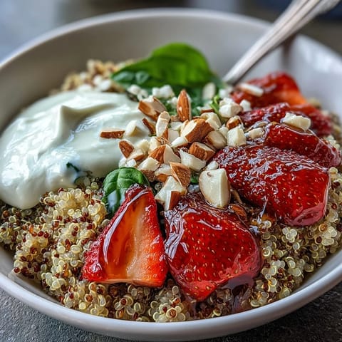 Freshly prepared Strawberry Basil Breakfast Quinoa Bowl topped with sliced strawberries, basil, and a vegan honey drizzle.