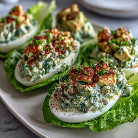 Keto avocado egg salad lettuce boats with everything bagel crunch, a creamy and satisfying low-carb meal.