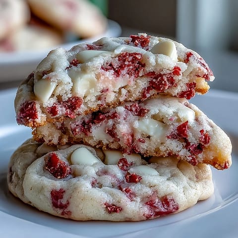 Pink and red Valentine strawberry white chocolate cookies, decorated with freeze-dried strawberries and melted white chocolate drizzle.