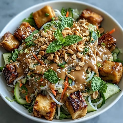 Fresh and healthy Asian Spring Roll Bowl with Peanut Sauce loaded with crisp veggies, herbs, and tofu for a satisfying vegan meal.