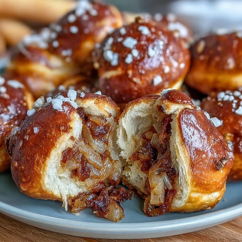 Warm Sourdough Onion Pretzel Bites fresh from the oven, featuring tender bread and savory onion flavor, perfect for dipping.  