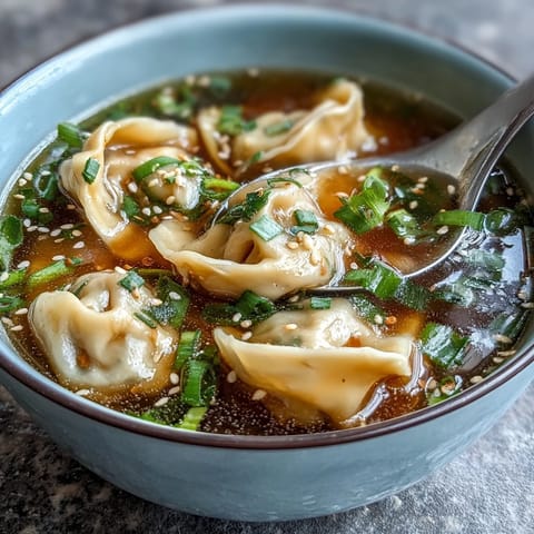 A steaming bowl of dumpling soup with tender chicken-filled dumplings in savory broth, topped with fresh scallions.  