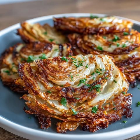 Crispy air fryer cabbage steaks with garlic butter, golden edges and tender centers.  