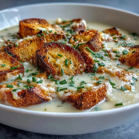Creamy leek and potato soup with sourdough croutons, topped with fresh chives and served in a rustic bowl.  