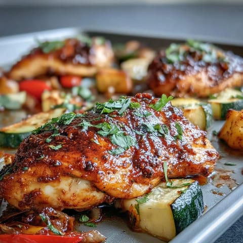 Spicy and sweet One-Pan Mango Chili Chicken Bake featuring tender chicken, colorful veggies, and a zesty chili-lime marinade.  