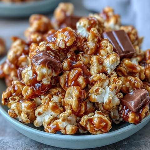 A bowl of caramel candy apple popcorn mix with dried apple pieces and colorful candy-coated chocolates.