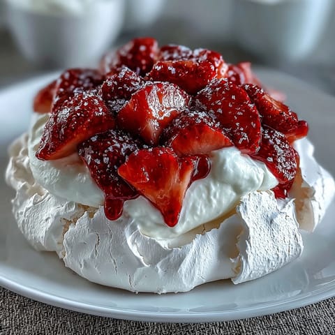 Crisp meringue nests topped with whipped cream and juicy strawberries, a stunning spring dessert.  