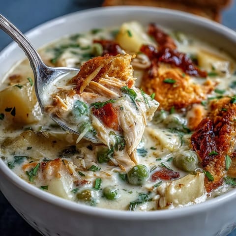 Creamy slow cooker chicken pot pie soup with tender chicken, potatoes, and vegetables in a rich, comforting broth.