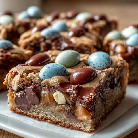 Soft peanut butter Easter egg cookie bars with colorful candies and melty chocolate chips.