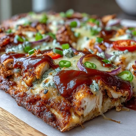 Grilled BBQ chicken flatbread pizza with smoky cheese and fresh veggies, perfect for summer dinners or parties.  