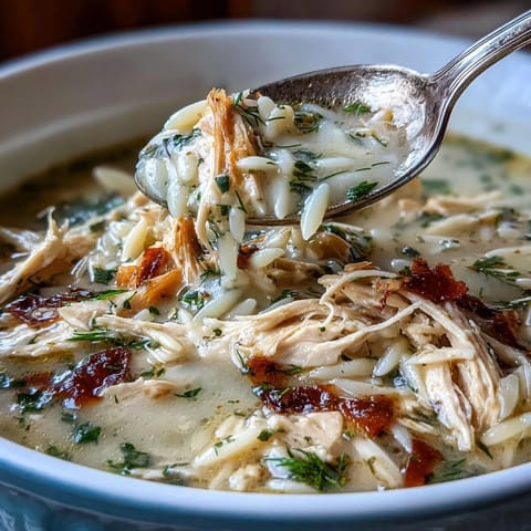 A bowl of Greek Lemon Chicken Soup with tender shredded chicken, orzo, and fresh herbs in a silky lemon broth.  