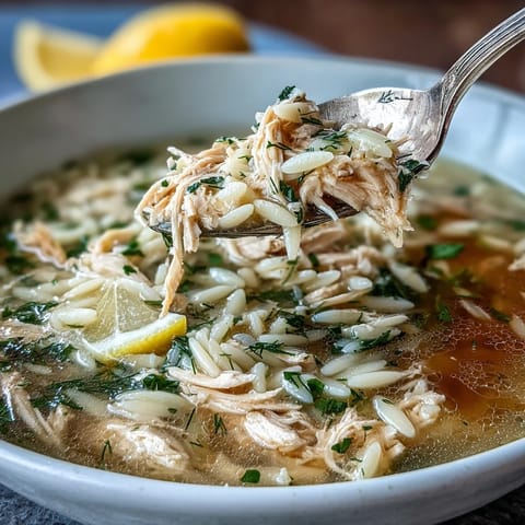 Bright and comforting Greek Lemon Chicken Soup with shredded chicken, orzo, and a tangy lemon-egg avgolemono finish.  