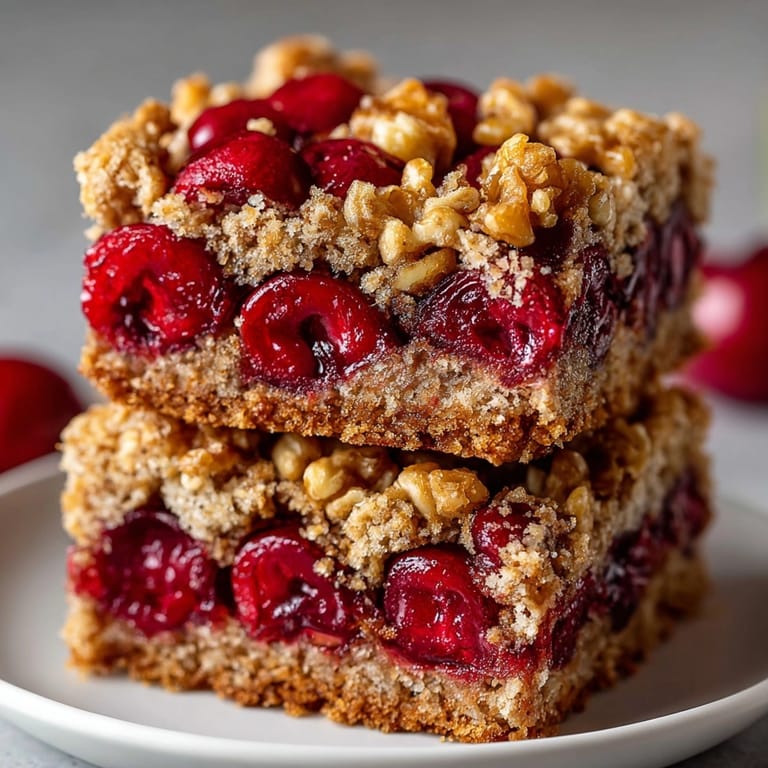 Golden-brown Cherry-Coded Sour Cherry Ginger Oat Breakfast Squares, ready to be enjoyed as a tasty treat.