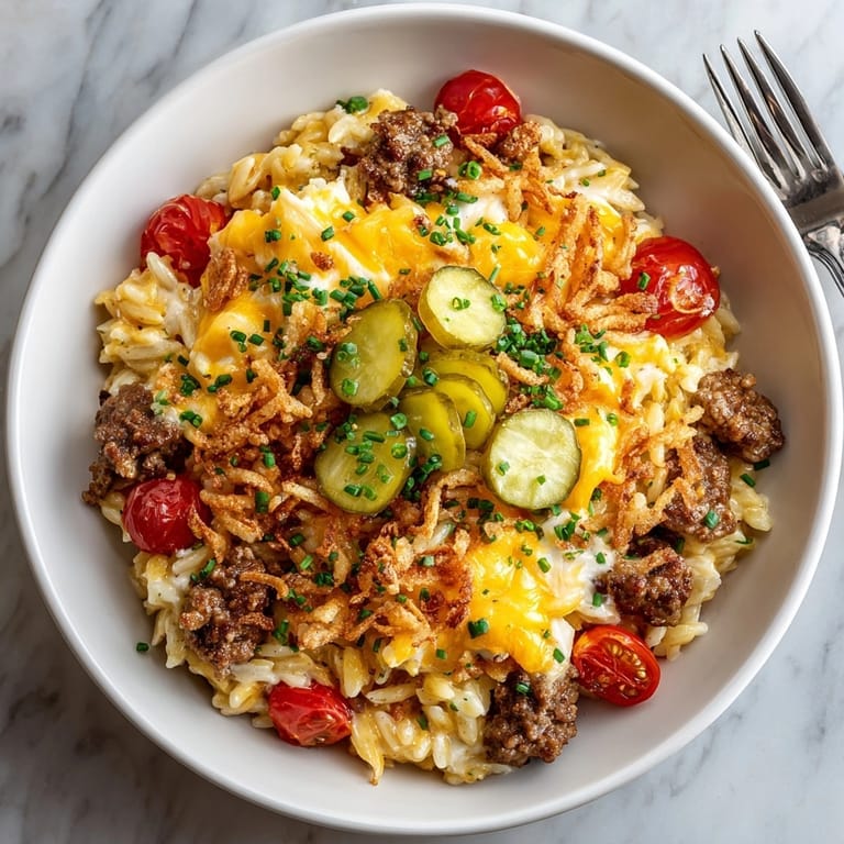Savory Cheeseburger Orzo Skillet, a comforting one-pan dish topped with crunchy dill pickles and crispy onions.