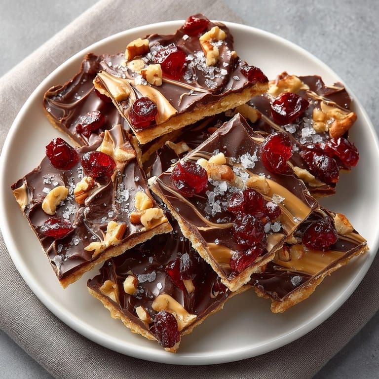 Bite-sized pieces of cherry-coded toffee saltine cracker bark, a sweet and salty homemade treat delight.