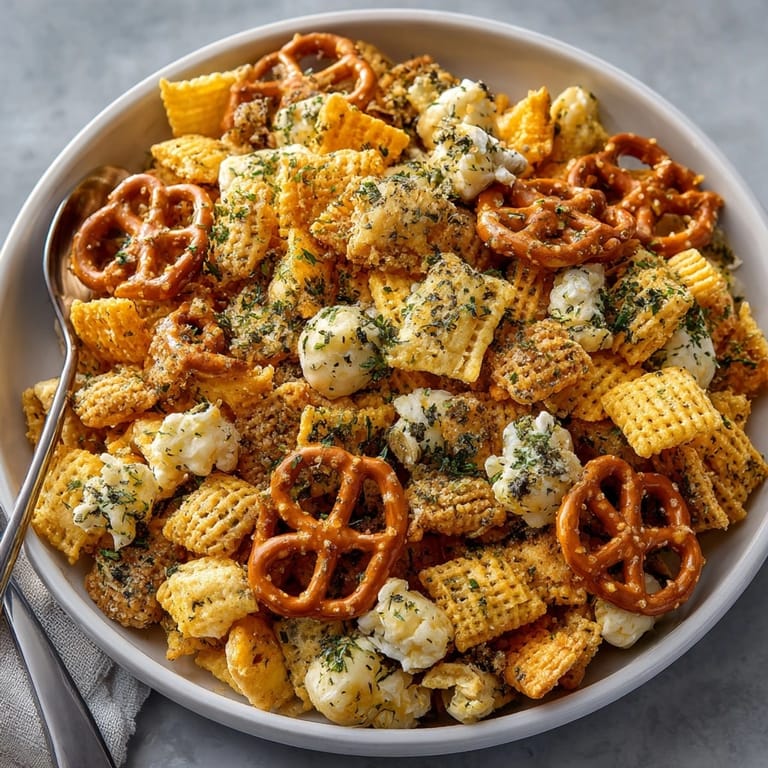 A close-up of the Dill Pickle Ranch Cracker-Pop Party Mix: a crunchy, savory snack mix.