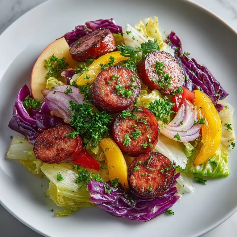 A flavorful, vibrant image of the finished Maple Dijon Sausage-Apple-Cabbage Sheet Pan, ready to be served hot.