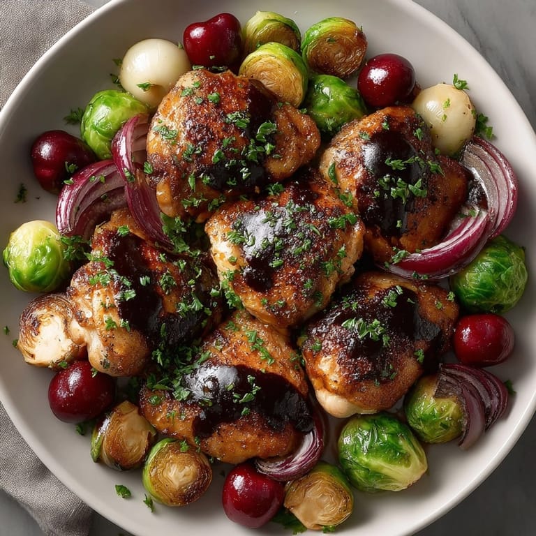 Juicy Sheet-Pan Cherry Balsamic Chicken & Brussels served with caramelized Brussels sprouts and a tangy balsamic reduction.