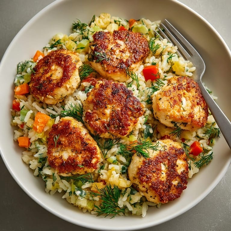 This aromatic image shows the delicious Skillet Dill Pickle Chicken & Rice Pilaf, fluffy and vibrant.