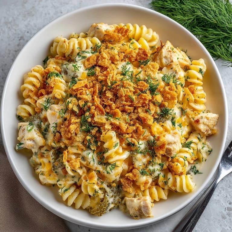 This oven-baked, easy Pickle Chip Crusted Chicken Pasta Bake features a rich, savory dill flavor profile.