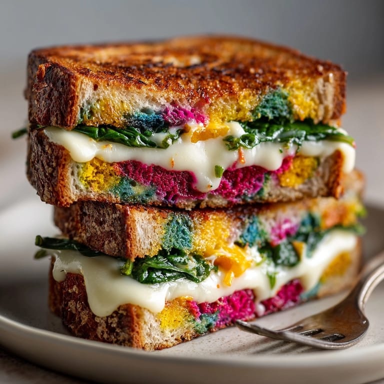 Golden, playful Chaos-Style Funky Colored Grilled Cheese, a vegetarian snack bursting with cheesy goodness.
