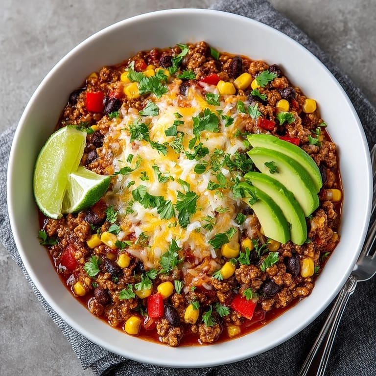 This delicious and easily prepared Ground Turkey Taco Skillet is garnished and ready to serve on a plate.