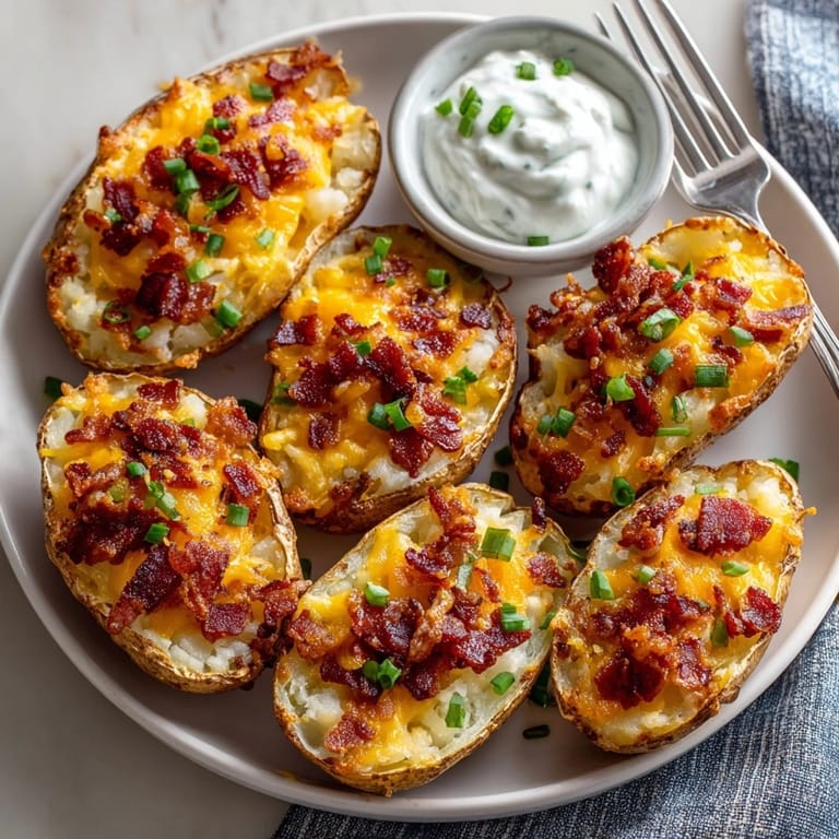 A close-up of savory loaded potato skins with ranch, showing crispy edges, fresh scallions, and creamy dressing for dipping.