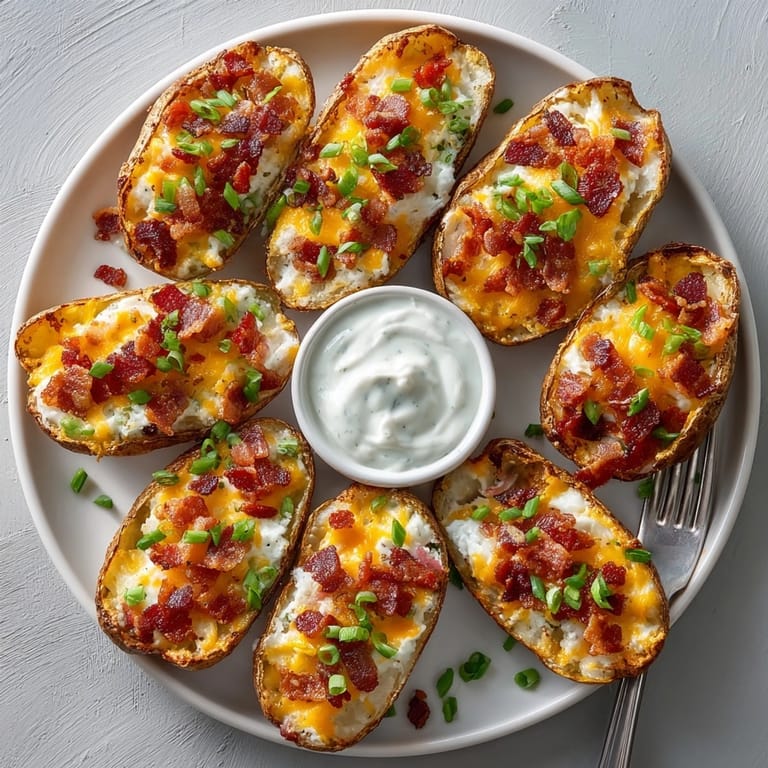 Tantalizing shot of loaded potato skins with ranch—baked to perfection, ready to be devoured, a classic game day treat.