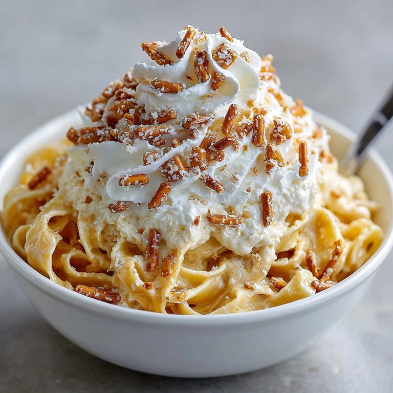 Close-up view of decadent salted caramel pasta, showcasing the crispy pretzel topping's texture.