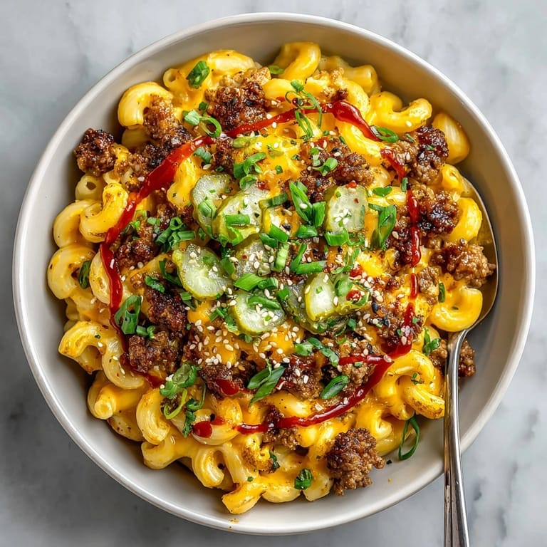 Rich, cheesy burger mac and cheese, garnished with green onions, and drizzled with special sauce.