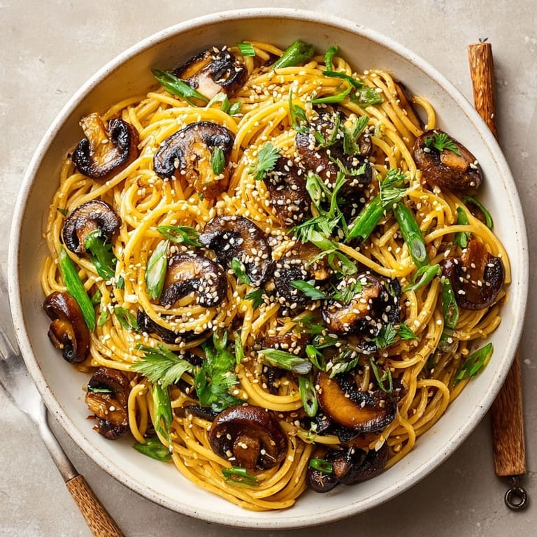 Vibrant Soy-Glazed Mushroom Pasta, with a rich soy sauce coating the mushrooms and pasta, looks so delicious.