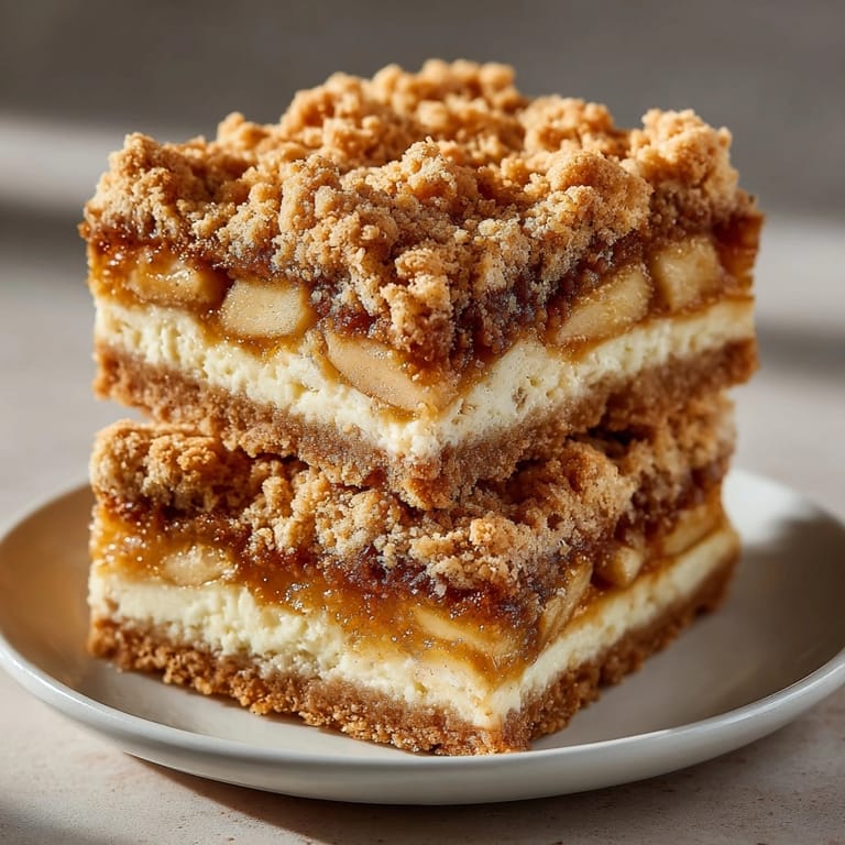 Golden cinnamon apple crisp bars sliced, showing spiced apples and buttery oat crust layers