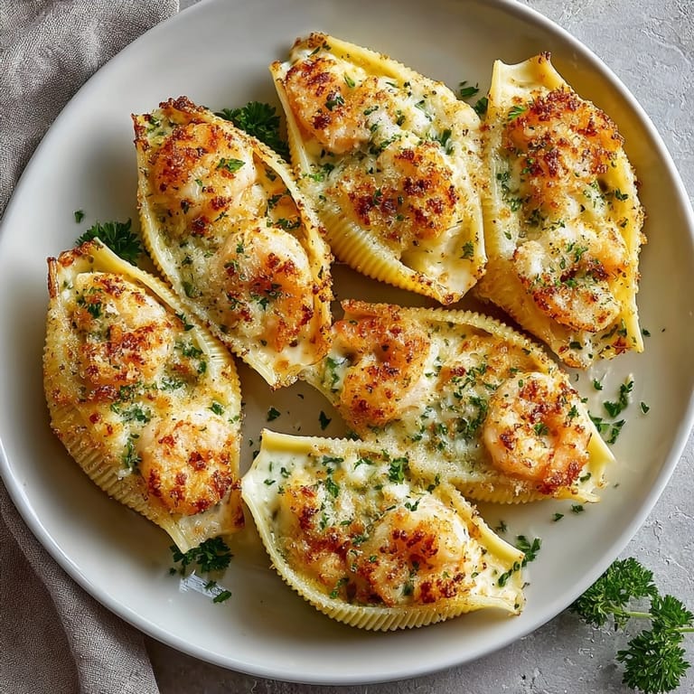 Cheesy shrimp Alfredo stuffed shells garnished with herbs, fresh from the oven and ready to enjoy.