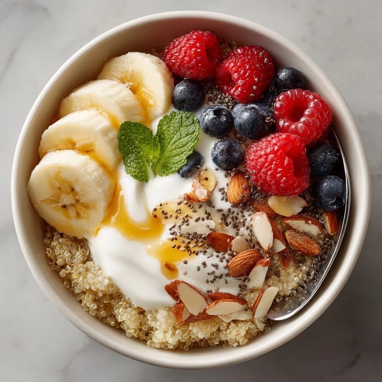 Hearty Protein-Rich Quinoa Breakfast Bowl featuring fluffy quinoa, juicy fruit, and crunchy chopped nuts.