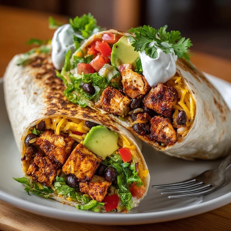 Warm Cajun Black Bean Chicken Burritos wrapped in soft tortillas, garnished with avocado and lime wedges.